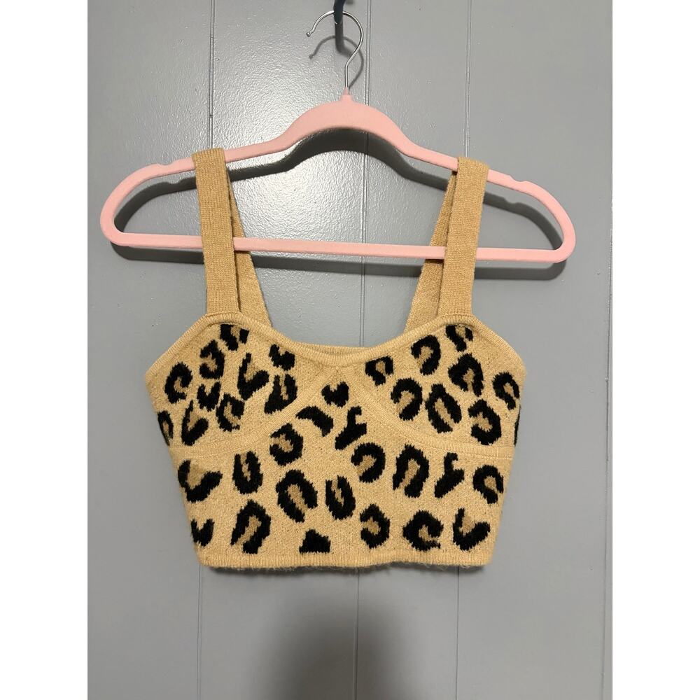 Grey Lab Tan Leopard Print Sweeheart Neck Knit Sweater Going Out Crop Top S